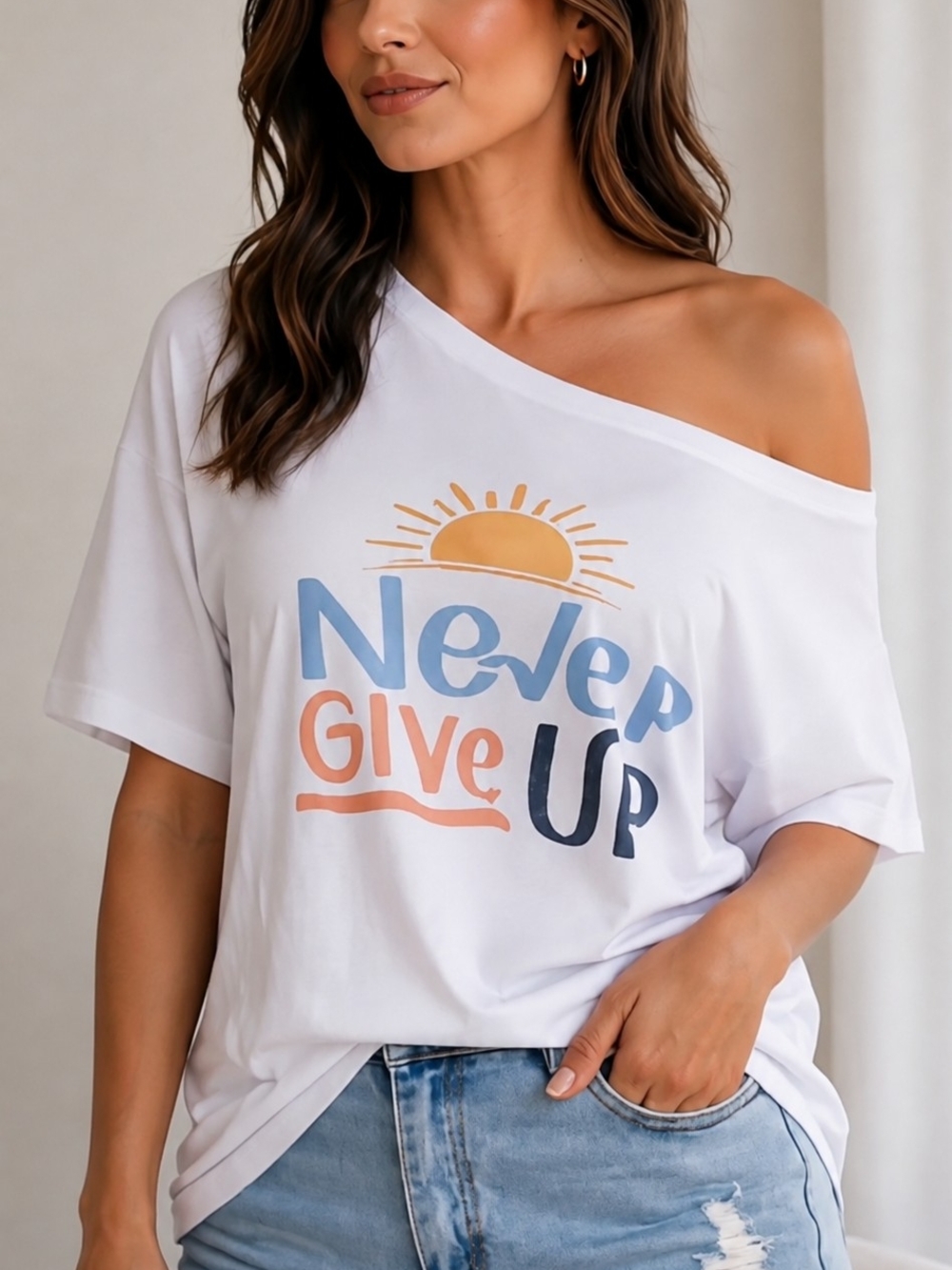 Women's White Off-Shoulder Graphic Tee - 'Never Give Up'